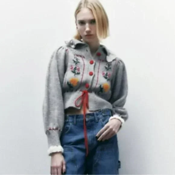 ZARA JACQUARD COLLARED FLORAL KNIT CARDIGAN - Picture 2 of 3